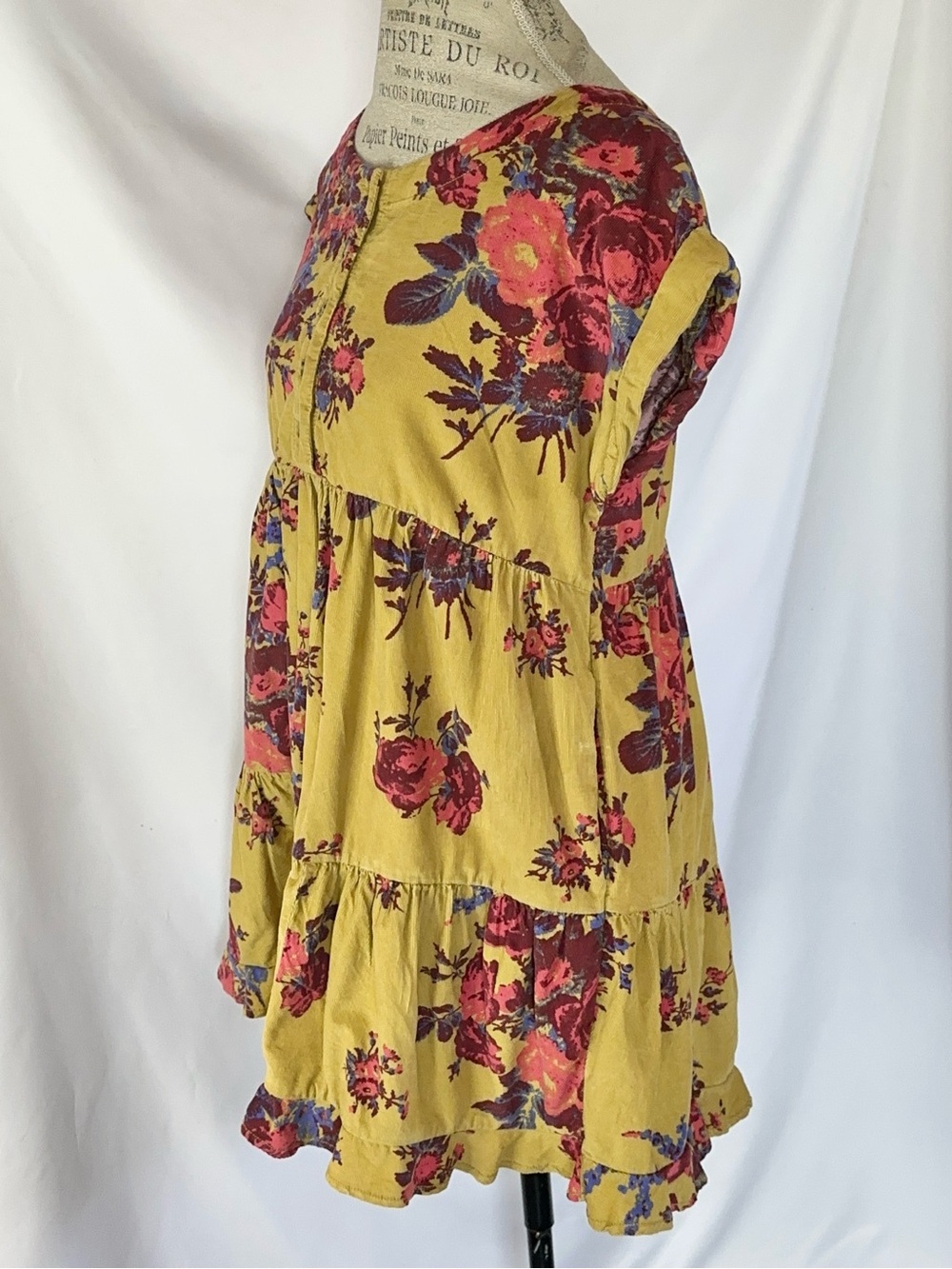 Free People Harper Corduroy Floral Flowy Tiered Short Sleeve Mini Dress M - Picture 3 of 11